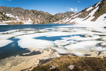 Fototapeta premium Landscape view of ice melting in Booth Lake near Vail, Colorado. 