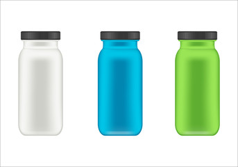 Realistic plastic container for whey protein and gainer. Mockup bottle. Realistic packaging mockup template. Sport bottles for gym bodybuilding. Vector illustrations.