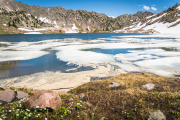 Fototapeta na wymiar Landscape view of ice melting in Booth Lake near Vail, Colorado. 