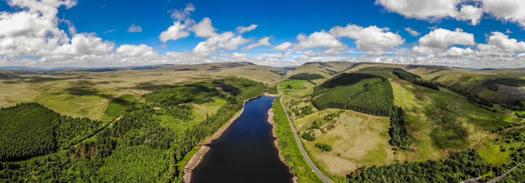 Aerial View Of Lake In Natural Park Of Brecon Beacons In Wales