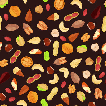 Mixed nuts vector seamless black pattern. Cartoon flat illustration. Textile print background design elements