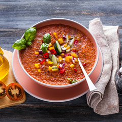 raw fresh refreshing soup of red vegetables and olive oil with o