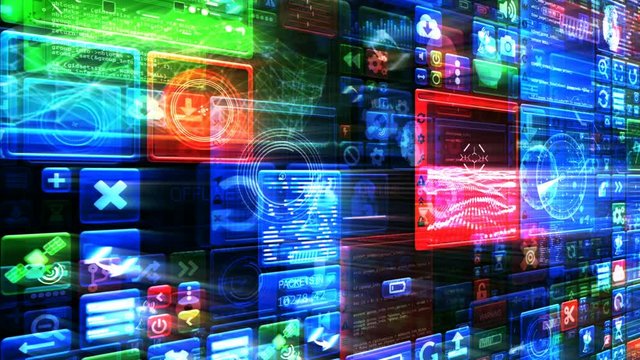 Control panel loop. Abstract digital technology mosaic background. Display of changing windows, and UI elements. Computer screen or HUD. High tech, futuristic, techno user interface. Red, green, blue.