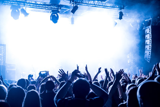crowd with raised nands during concert at nightclub