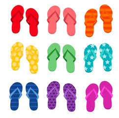 Vector illustration of nine different pairs of colorful flip flops