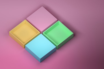 Four square multi-colored branding mock up boxes on pink background. 3D illustration.