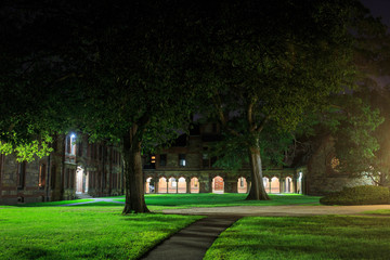 Path leading by trees to old stone building at night