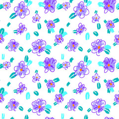 Small violet flowers with leaves seamless hand drawn pattern. Modern grunge texture. Colorful brush painted background.