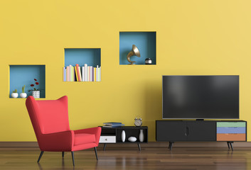 3D rendering of interior modern living room with Smart TV, cabinet, and decorations.