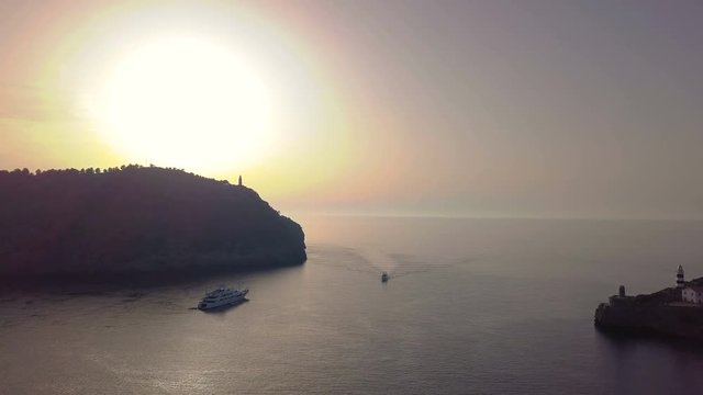 Port de Soller aerial view, Majorca. Mediterranean sea.