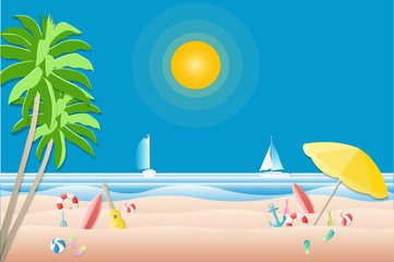 Fototapeta na wymiar Sailboat on the sea and water play equipment on the beach - surfboard , red ball , umbrellas,life rings and more for relax area on the beach - Illustration