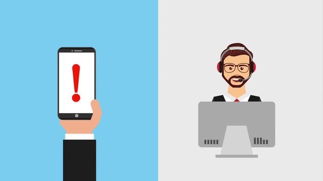 operator in headset with laptop smartphone exclamation mark customer service animation hd