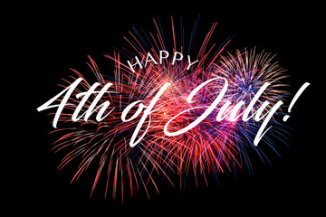 Happy JUly 4th greeting with black background with fireworks
