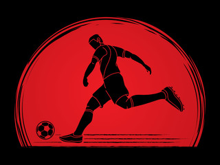 Soccer player shooting a ball action designed on sunlight background graphic vector