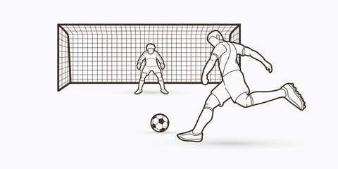 Soccer player kicking ball with Goalkeeper standing action outline graphic vector.