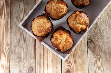 Vanilla muffins in a paper holder on a wooden background. Top view