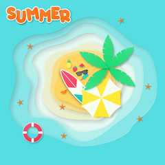 Fototapeta na wymiar Summer vector banner design. Top view of small island. Paper cut style. vector illustration
