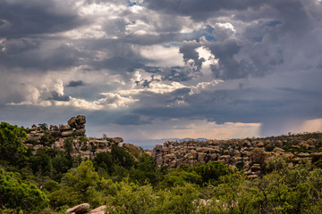 Fototapeta na wymiar Hoodoos watch while monsoon storms swirl in the valley below at Chiricahua National Monument in southern Arizona.