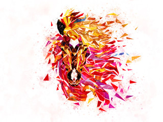 Horse low polygon in watercolor filter, multi color  Horse in action power, Active horse © happysunstock