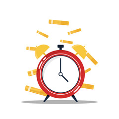 Time is money concept. Clok and Time is money concept. Clok and Flying golden coins with Mutual fund, Income increase, financial strategy performance, credit money, flat icon, Vector illustration
