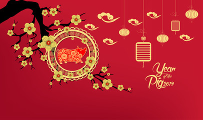 Obraz na płótnie Canvas Happy Chinese New Year 2019 year of the pig paper cut style. Zodiac sign for greetings card, flyers, invitation, posters, brochure, banners, calendar