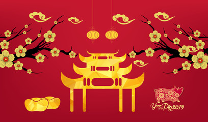 Happy Chinese New Year 2019 year of the pig paper cut style. Zodiac sign for greetings card, flyers, invitation, posters, brochure, banners, calendar