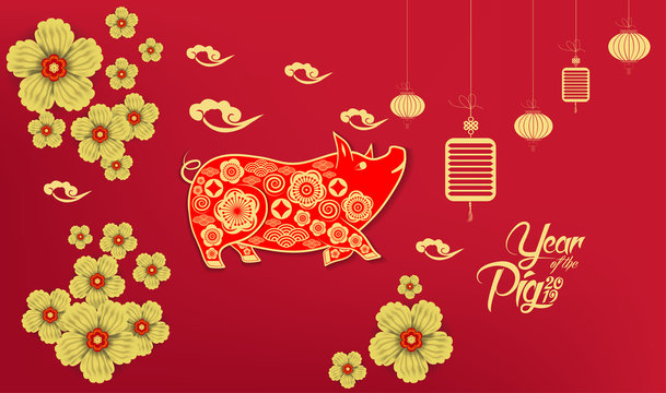 Happy Chinese New Year 2019 year of the pig paper cut style. Zodiac sign for greetings card, flyers, invitation, posters, brochure, banners, calendar
