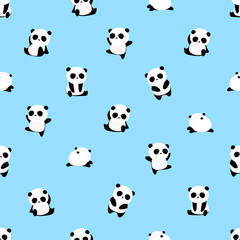 Fototapeta premium Bezszwowe wektor wzór: wzór niedźwiedzia panda na jasnoniebieskim tle. Małe pandy z różnymi gestami.