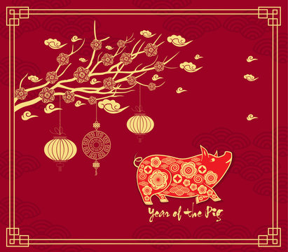 Chinese new year background with hanging lanterns. Year of the pig