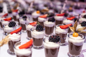 Closeup many dessert jar rowed up on buffet table with fresh fruits jelly and cream