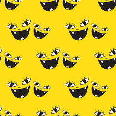 Smiling fun faces seamless vector pattern, funny vector character illustration