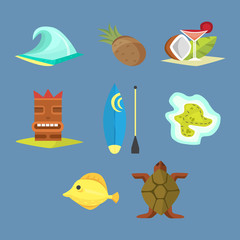 Hawaii icons tiki gods totem pole tiki torches and fish vector illustration.