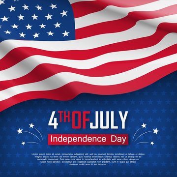 Independence day celebration. Fourth of July felicitation greeting card. Waving american national flag on blue background. United States of America federal patriotic holiday. Vector illustration