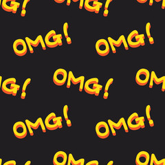 Seamless pattern with handwritten repeating text, ‘OMG!’, comic style funny background in yellow, orange and black