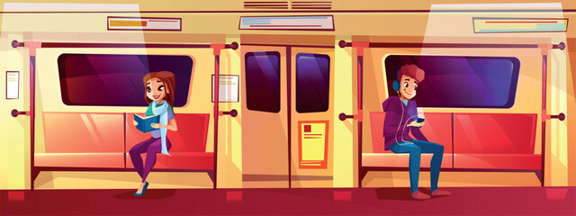 People in subway train vector illustration of teen boy and girl in metro. Cartoon young woman and man sitting on seats, reading book and listening music in earphones from smartphone