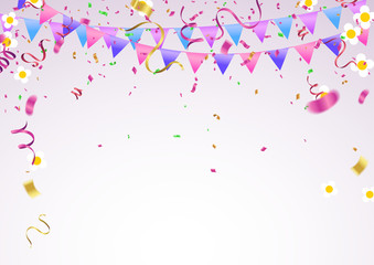 Set of gold, helium ball isolated in the air. Celebration background template with balloons, confetti and ribbon