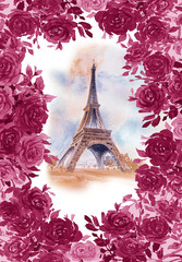 Eiffel tower and rose frame vintage style.