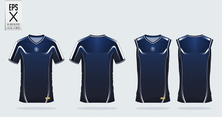 Naklejka premium Blue and white t-shirt sport design template for soccer jersey, football kit and tank top for basketball jersey. Sport uniform in front and back view. Tshirt mock up for sport club. Vector