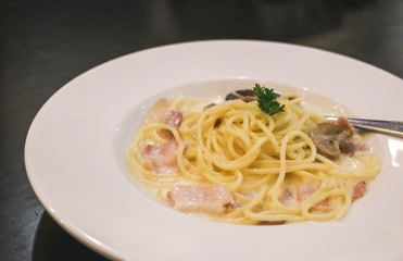 Spaghetti Carbonara with bacon.