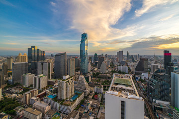 Aerial View of Skyscraper Cityscape at Evening Time, Bangkok, Thailand.