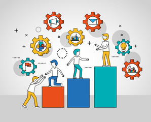 teamwork concept colors gears stickers boys above bars vector illustration