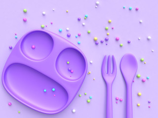 Purple dish spoon fork colorful candy sphere 3d rendering