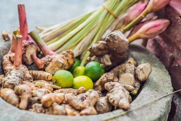 Set of Asian spices: ginger, cinnamon, lime, clove, pepper, nutmeg
