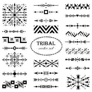 Monochrome vector set of design elements in tribal style. Brush set.