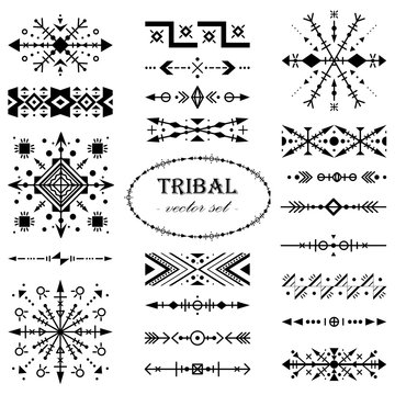 Black-and-white vector set of design elements in tribal style. Brush set.