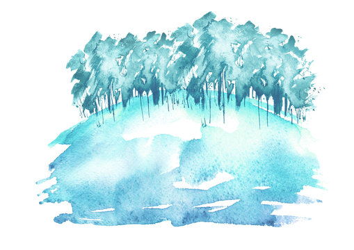 Watercolor winter blue wood. Blue, purple silhouette, landscape, trees and bushes on a hill. Linear pattern on white isolated background. Snow, snowdrift, river, abstract splash of paint.