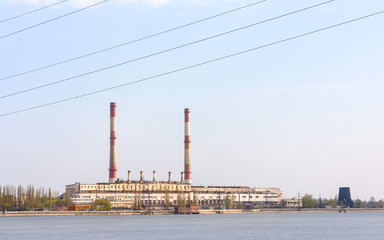 Fototapeta na wymiar Novovoronezhskaya nuclear power station on riverside. Voronezhskaya region, Russia.