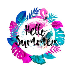 Hello Summer greeting banner. Tropical palm leaves and Pink Flamingo on hand drawn brush background.