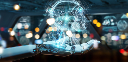 White cyborg hand creating artificial intelligence 3D rendering
