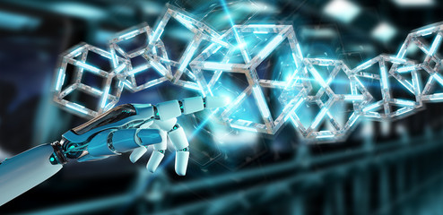 White robot hand creating future technology structure 3D rendering